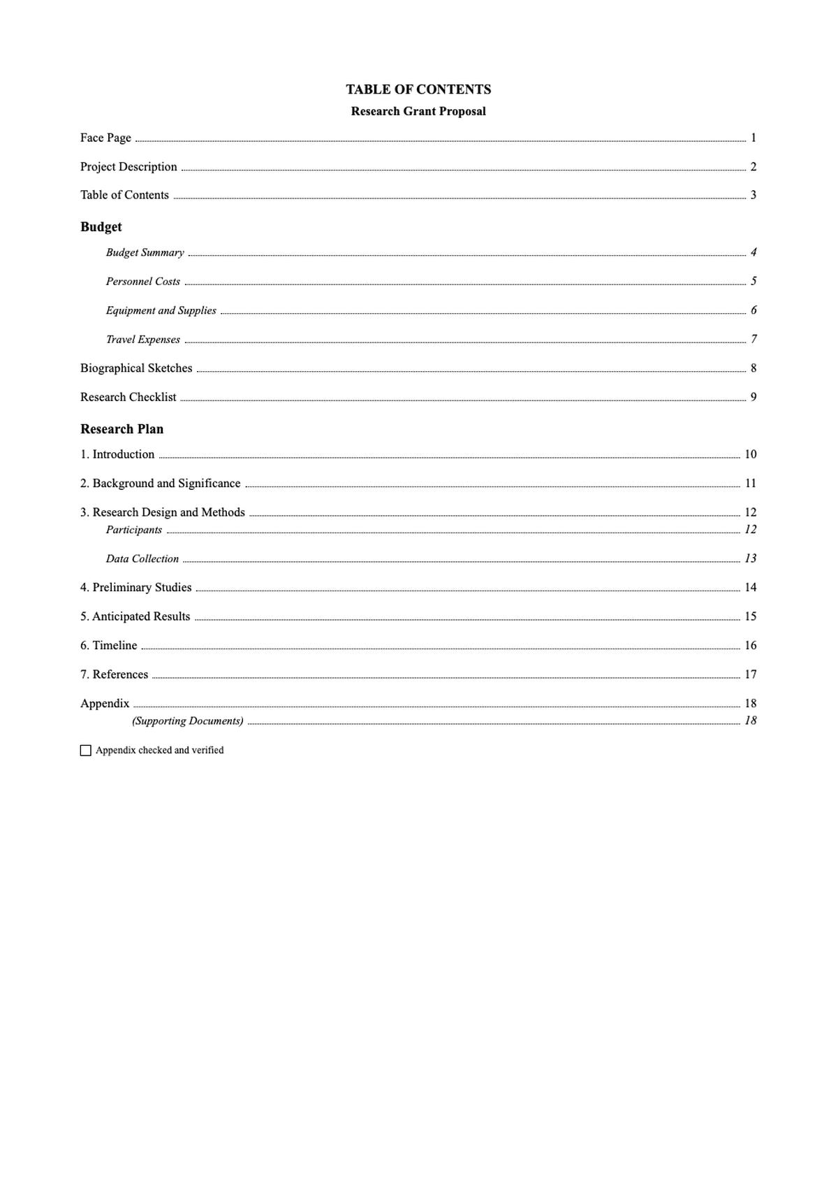 Research grant table of contents with detailed sections and page numbers_variant_1